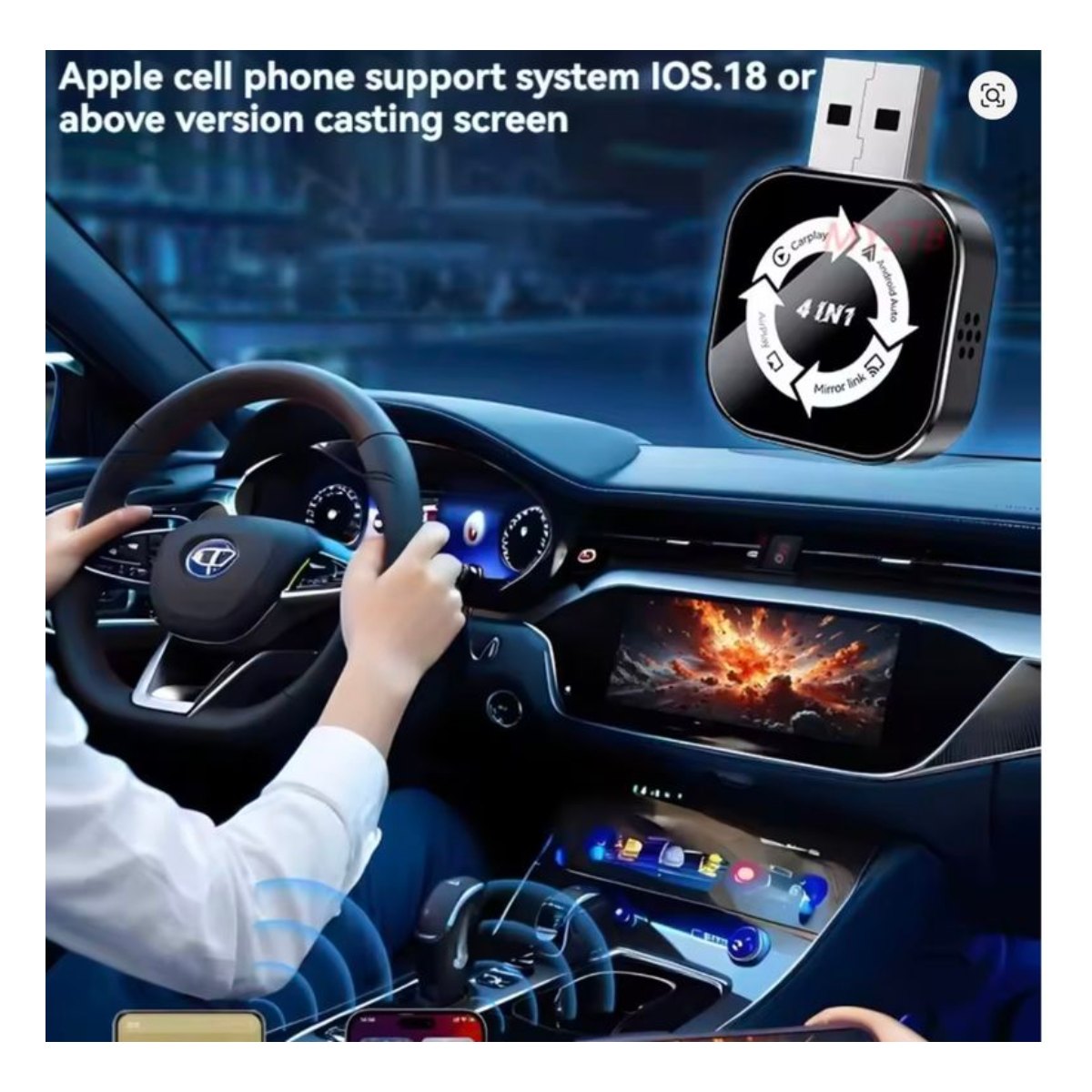Adaptador 4 en1 CarPlay Inalámbrico para iPhone/Android - Espejo Pantalla Coche, Conexión Auto