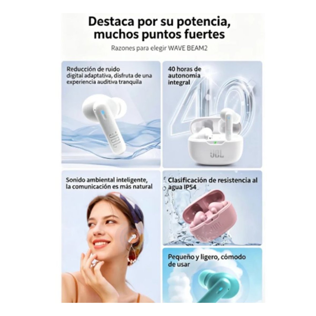 Audífonos Bluetooth JBL WAVE BEAM NC Funda protectora Negro