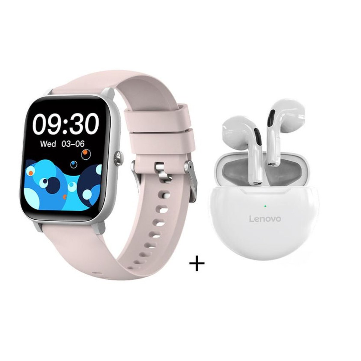 Audífonos Lenovo HT38 Blanco y Reloj Inteligente C09 Rosa