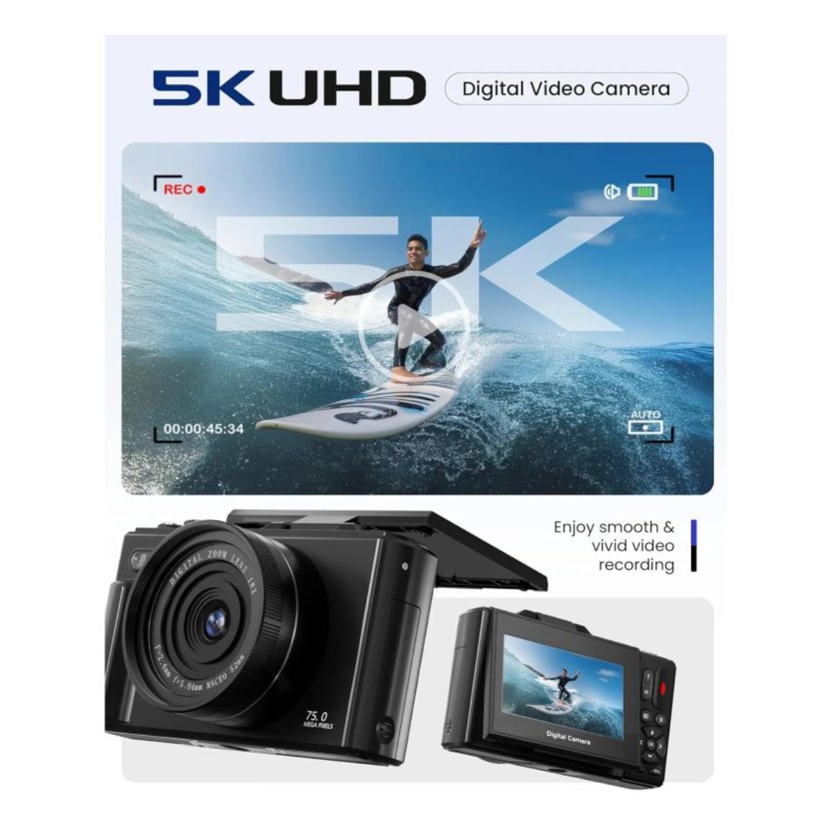 Cámara Digital 5K WiFi para Selfies 75MP Autofoco y Modo Belleza