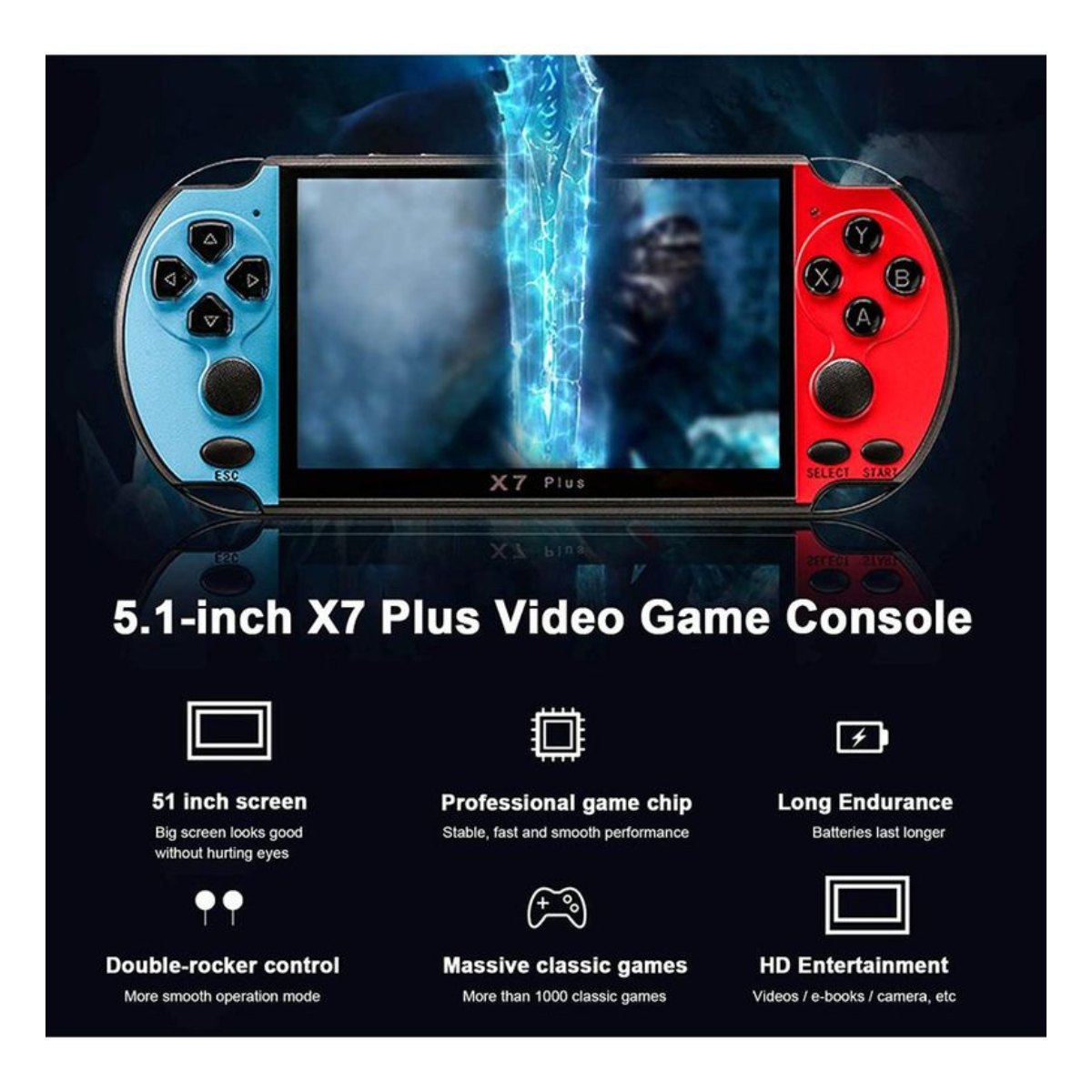 Consola retro de videojuegos X7 8GB 5.1 pulgadas Pantalla- Azul y rojo
