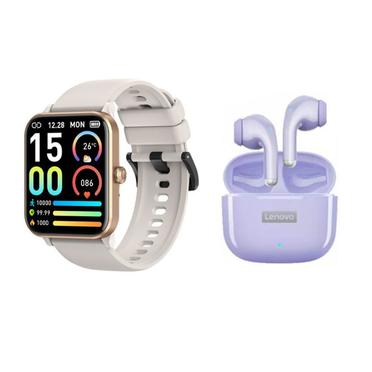 Reloj inteligente Bluetooth blanquecino + Audífonos Lenovo LP40 pro