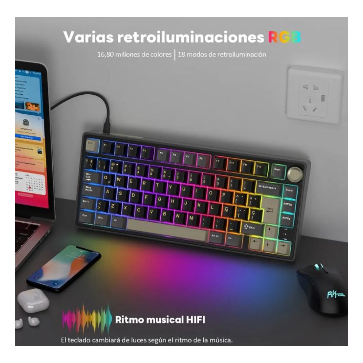 Teclado Mecánico Gamer Compacto RK R75 Phantom Switch Silver RGB Español